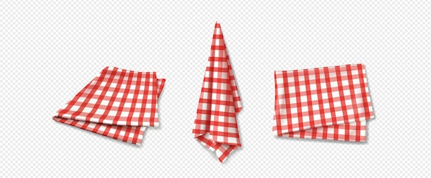 Bezpłatny wektor 3d ręcznik kuchenny tkaniny widok z góry na białym tle wektor czerwony obrus serwetka na piknik z teksturą kratki kratkę na przezroczystym tle realistyczny kraciasty lniany zestaw bawełniany do restauracji vintage