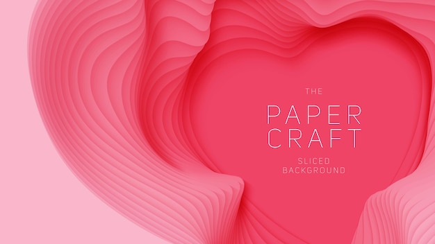 Bezpłatny wektor 3d streszczenie tło z różowym papierze wyciąć kształt serca. jasnoczerwona sztuka rzeźbienia.