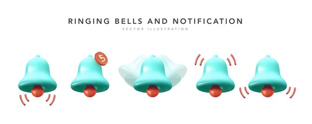 3D zestaw ikon dzwonka powiadomienia na białym tle. Renderuj dzwonek z nowym powiadomieniem o przypomnieniu o mediach społecznościowych.
