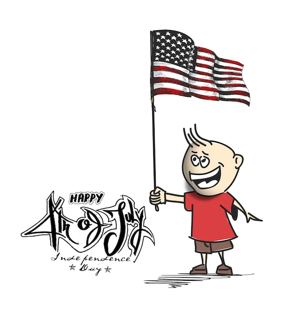 4 lipca chłopiec trzymający za rękę flagę USA Amerykański Dzień Niepodległości