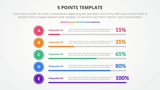 Bezpłatny wektor 5-punktowy szablon infograficzny dla prezentacji slajdów z paskiem procentowym stack postępów z 5-punktową listą z wektorem stylu płaskiego