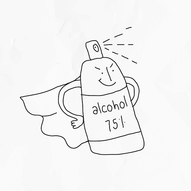 Bezpłatny wektor 75% żel alkoholowy wektor ilustracja covid-19 doodle