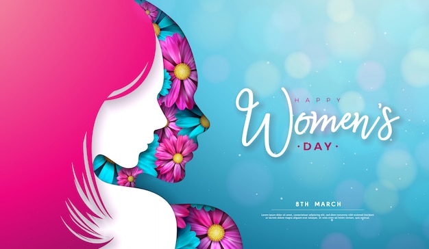 Bezpłatny wektor 8 marca. projekt karty z pozdrowieniami na dzień kobiet z sylwetką młodej kobiety i kwiatem.