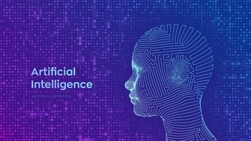 Abstrakcjonistycznego wireframe cyfrowa ludzka żeńska twarz na lać się matrycowego cyfrowego binarnego kodu tło. ai. koncepcja sztucznej inteligencji.