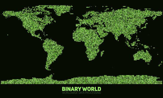 abstrakcyjna binarna mapa świata. Kontynenty zbudowane z zielonych liczb binarnych. Globalna sieć informacyjna. Ogólnoświatowa sieć. Dane międzynarodowe. Cyfrowy świat we współczesnej cyber rzeczywistości.