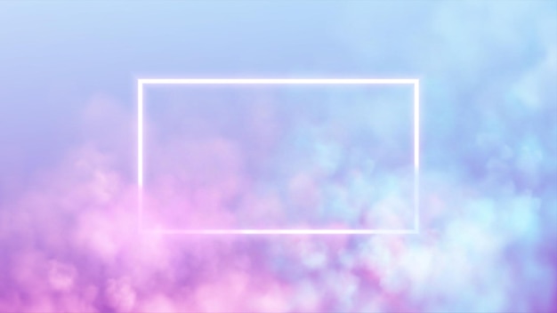 Abstrakcyjna prostokątna ramka neonowa na różowym i niebieskim tle dymu