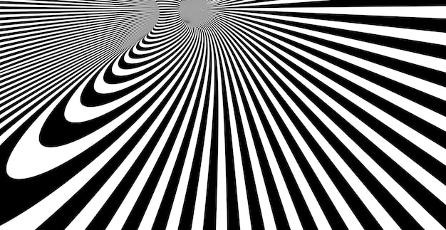 Abstrakcyjne czarno-białe linie op-art w hiper 3d perspektywy wektor streszczenie tło, ilustracja artystyczna psychodeliczny liniowy wzór, hipnotyczne złudzenie optyczne.