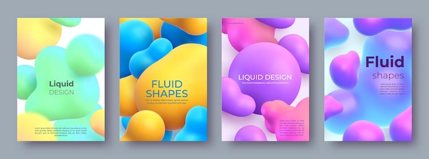 Abstrakcyjne plakaty z płynnymi kulkami 3d i plamami. morphing płynnych kształtów projektowania. nowoczesne pęcherzyki farby i plamy wektor zestaw tła