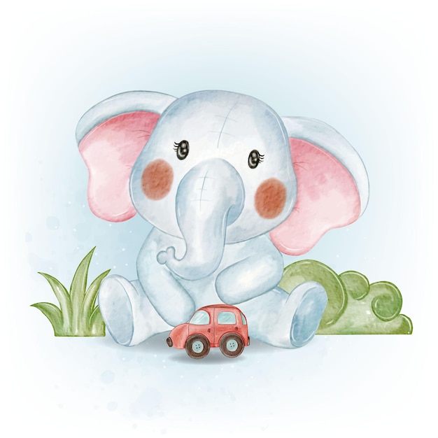 Adorable Baby Elephant bawiące się zabawkami samochodowymi akwarelą