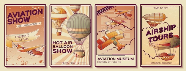 Bezpłatny wektor aeronautyka retro vintage transport samolotów kolekcja plakatów z pionowymi kompozycjami samolotów balony sterowiec i tekst ilustracji wektorowych