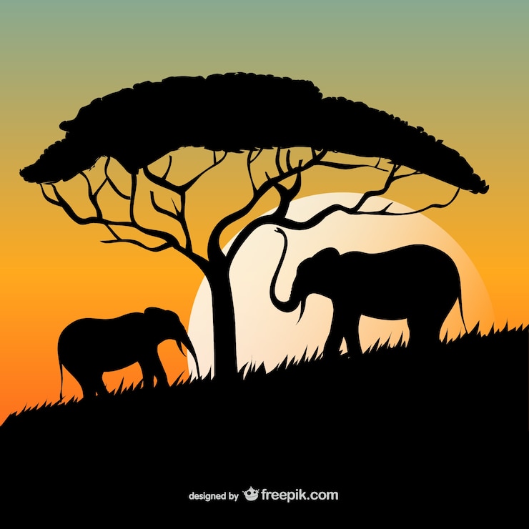 Bezpłatny plik Wektor african sunset ze słoniami i sylwetki drzew