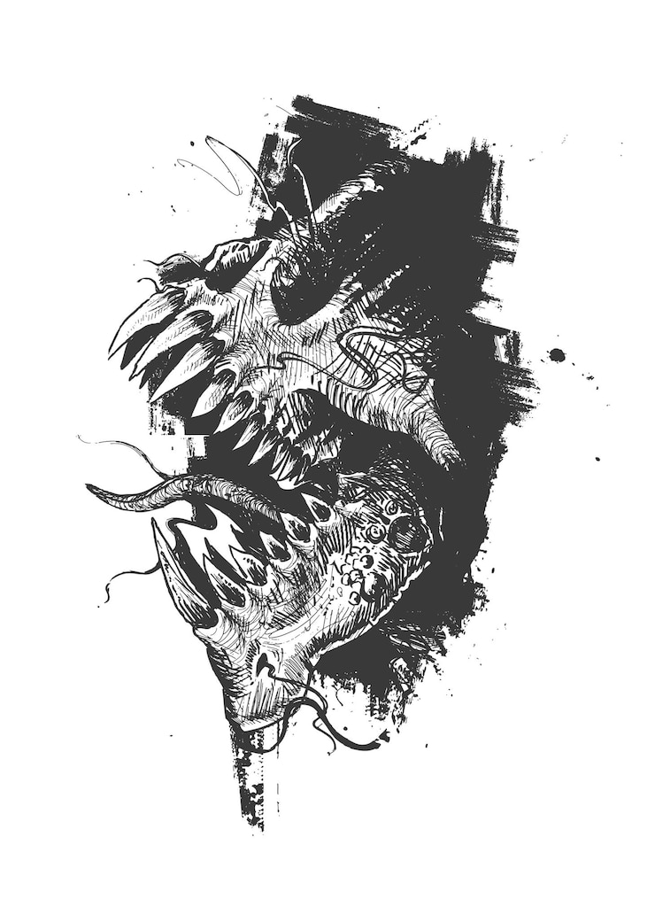 Bezpłatny plik Wektor agresywny potwór tatuaż projekt koszulki ręcznie rysowane szkic ilustracji wektorowych