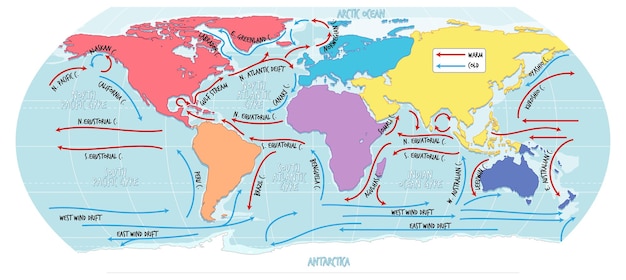 Bezpłatny wektor aktualna mapa świata oceanu z nazwami