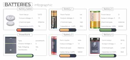 Bezpłatny wektor akumulator akumulatorów realistyczny skład infograficzny z zestawem edytowalnych specyfikacji tekstowych obrazów baterii i ilustracją wektorową poziomów naładowania