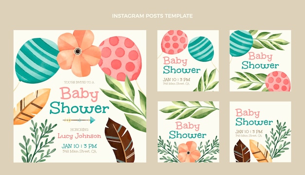 Bezpłatny wektor akwarela baby shower szablon projektu postu na instagram