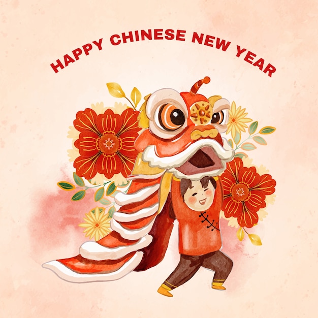 Akwarela chiński nowy rok ilustracja tańca lwa