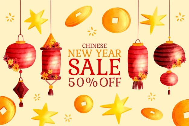 Bezpłatny wektor akwarela chiński nowy rok sprzedaż poziomy baner