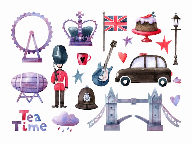 Akwarela clipart zestaw z tradycyjnymi symbolami londynu wektor ręcznie rysowane ilustracji