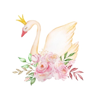 Akwarela delikatny łabędź to symbol jedynej miłości, romantycznego i pięknego ptaka z koroną i bukietem delikatnych róż. ilustracja na białym tle.