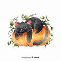 Bezpłatny wektor akwarela halloween czarny kot śpi na dyni
