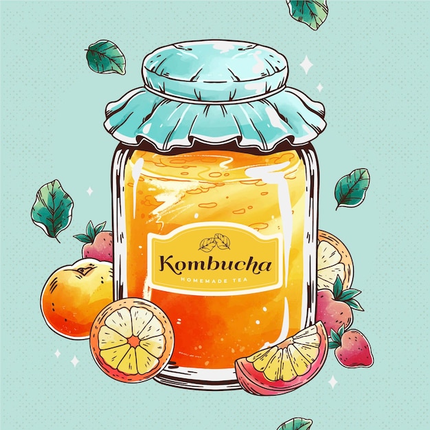Akwarela Ilustracja Herbata Kombucha