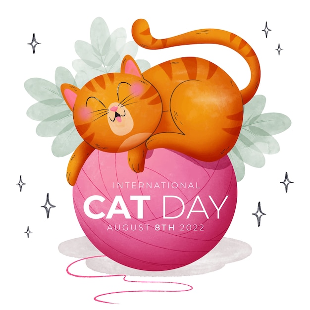 Akwarela ilustracja międzynarodowy dzień kota z kotem na piłce przędzy