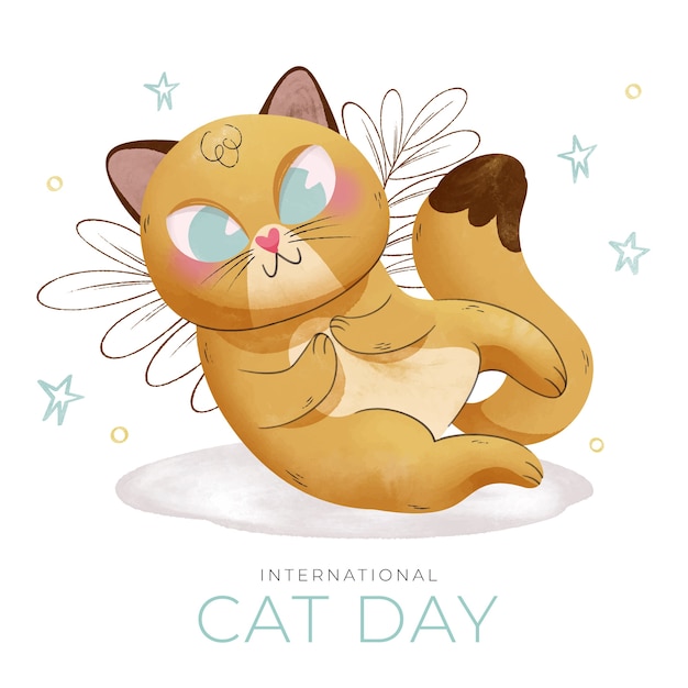 Akwarela Ilustracja Międzynarodowy Dzień Kota Z Uroczym Kotem