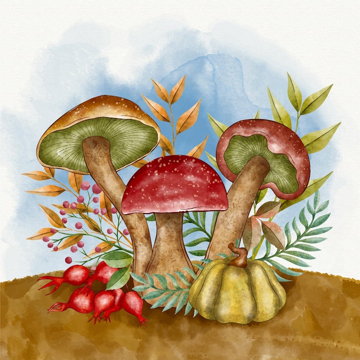 Bezpłatny plik Wektor akwarela jesienna ilustracja z grzybami