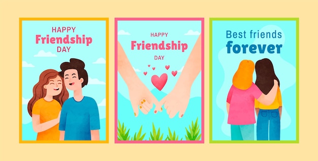 Bezpłatny wektor akwarela kolekcja kart okolicznościowych na obchody dnia przyjaźni