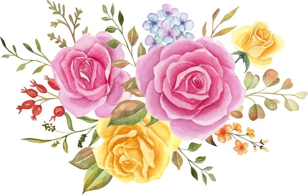 Bezpłatny wektor akwarela kompozycja kwiatowa, bukiet kwiatów akwareli, różowy i żółty róż na ślub.