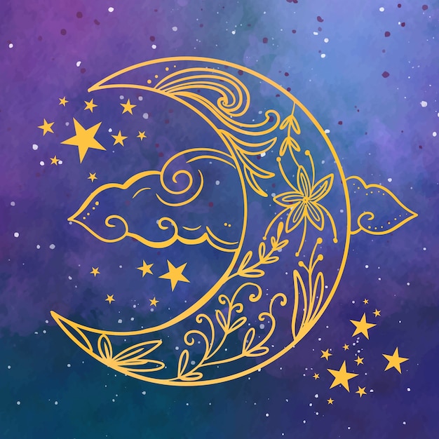 Akwarela Księżyc I Gwiazdy Rysunek Ilustracja