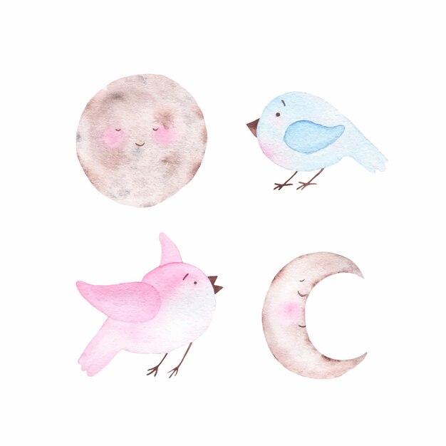 Akwarela ładny księżyc półksiężyc ciało niebieskie i ptaki