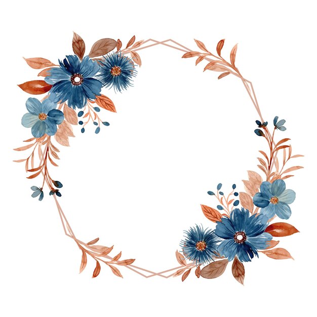 Akwarela niebieski wieniec kwiatowy z geometryczną ramą