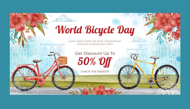 Bezpłatny wektor akwarela poziomy transparent szablon na obchody światowego dnia roweru