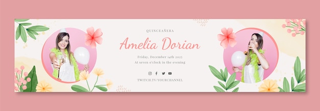 Bezpłatny wektor akwarela quinceañera twitch banner