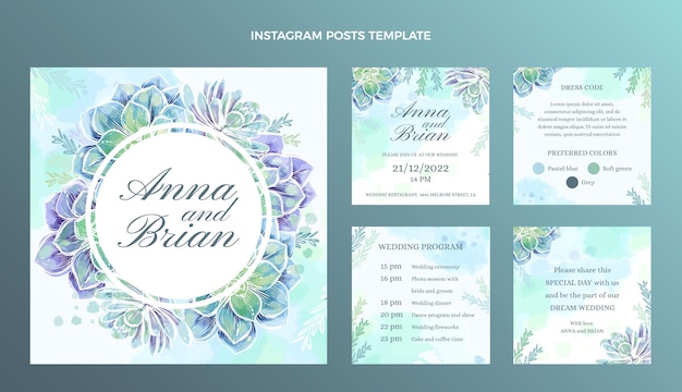 Akwarela ręcznie rysowane kolekcja postów ślubnych na instagramie