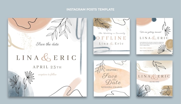 Akwarela ręcznie rysowane posty ślubne na Instagramie