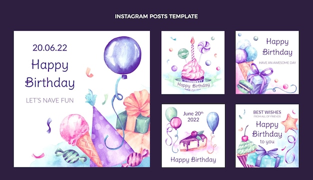 Bezpłatny wektor akwarela ręcznie rysowane urodziny instagram post