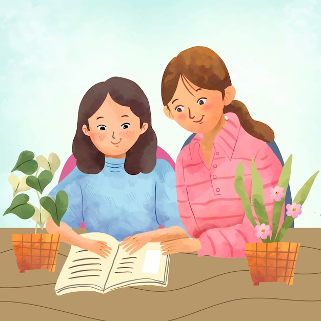 Akwarela rodzice pomaga dzieciom z ilustracji pracy domowej