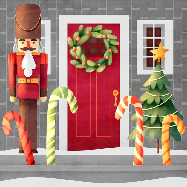 Akwarela świąteczna ilustracja drzwi