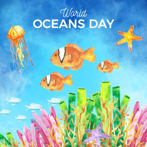 Akwarela światowy Dzień Oceanów Tło