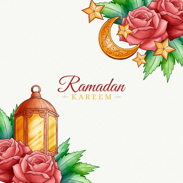 Akwarela Szczęśliwy Ramadan I Róże I świeca