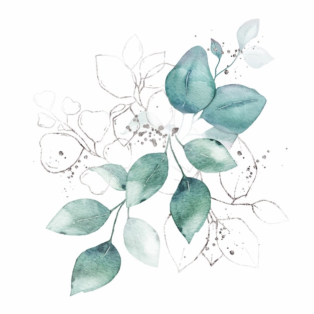 Bezpłatny wektor akwarela układ z zielonych liści bukiet srebrnych ziół na białym tle