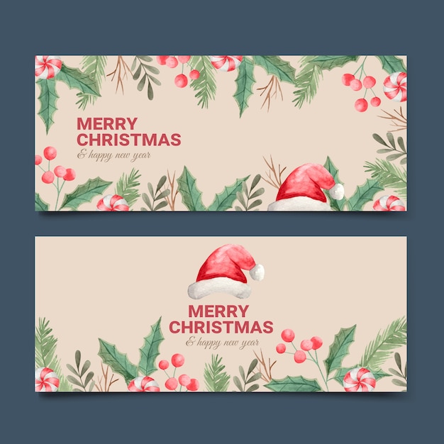Bezpłatny wektor akwarela wesołych świąt zestaw bannerów świątecznych