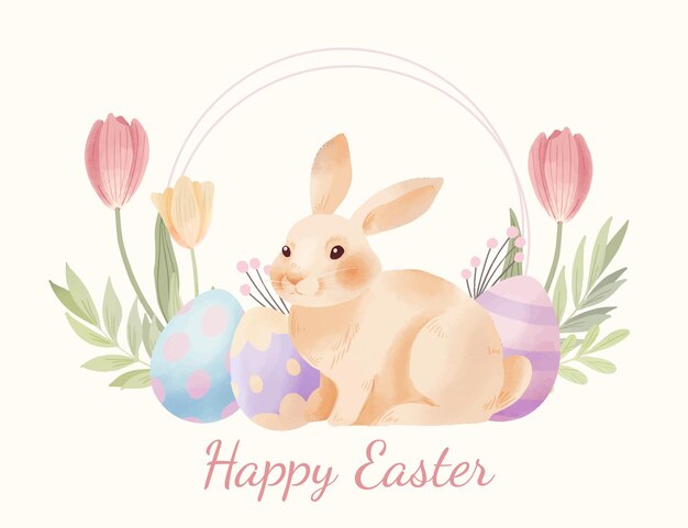 Akwarela wielkanocna ilustracja z jajkami i króliczkiem