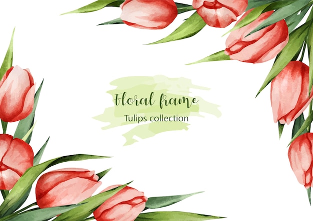 Akwarela wiosenne tło z pięknymi tulipanami i zielonymi liśćmi idealne do broszur z kartami