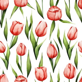 Akwarela wzór z wiosennymi kwiatami czerwone tulipany bezszwowa tekstura do wystroju tkaniny tekstylnej