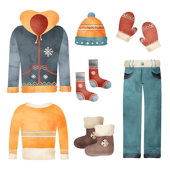 Akwarelowa kolekcja zimowych ubrań i niezbędników