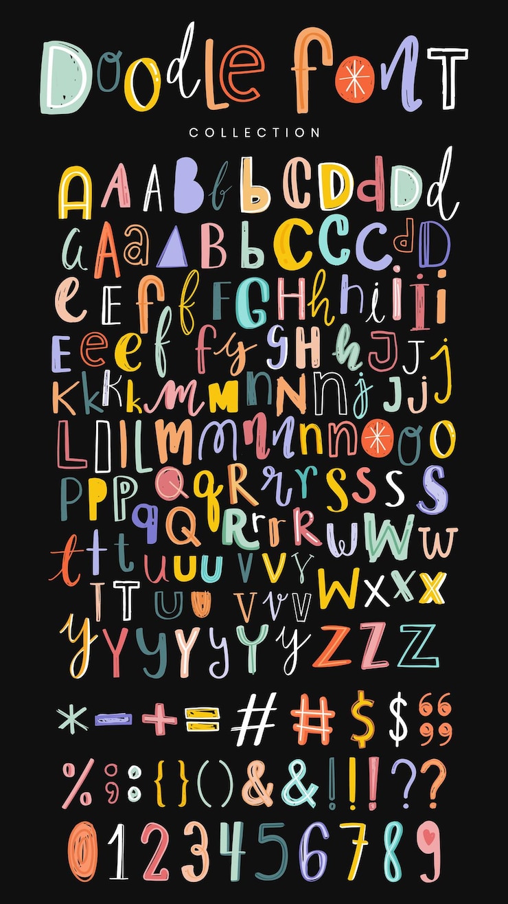 Bezpłatny plik Wektor alfabety, znaki interpunkcyjne i cyfry doodle zestaw wektorów czcionek