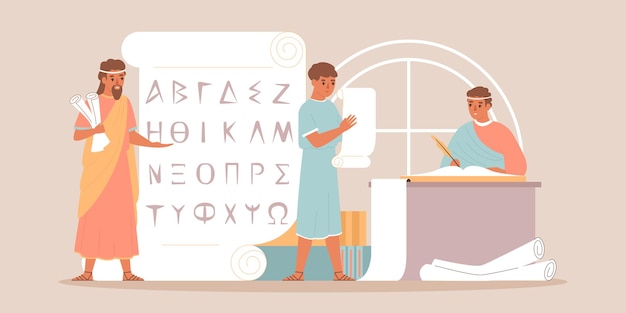 Bezpłatny wektor alfabetyczne pisanie płaskiej kompozycji ze starożytnymi pisarzami płci męskiej i ilustracji wektorowych zwojów papieru